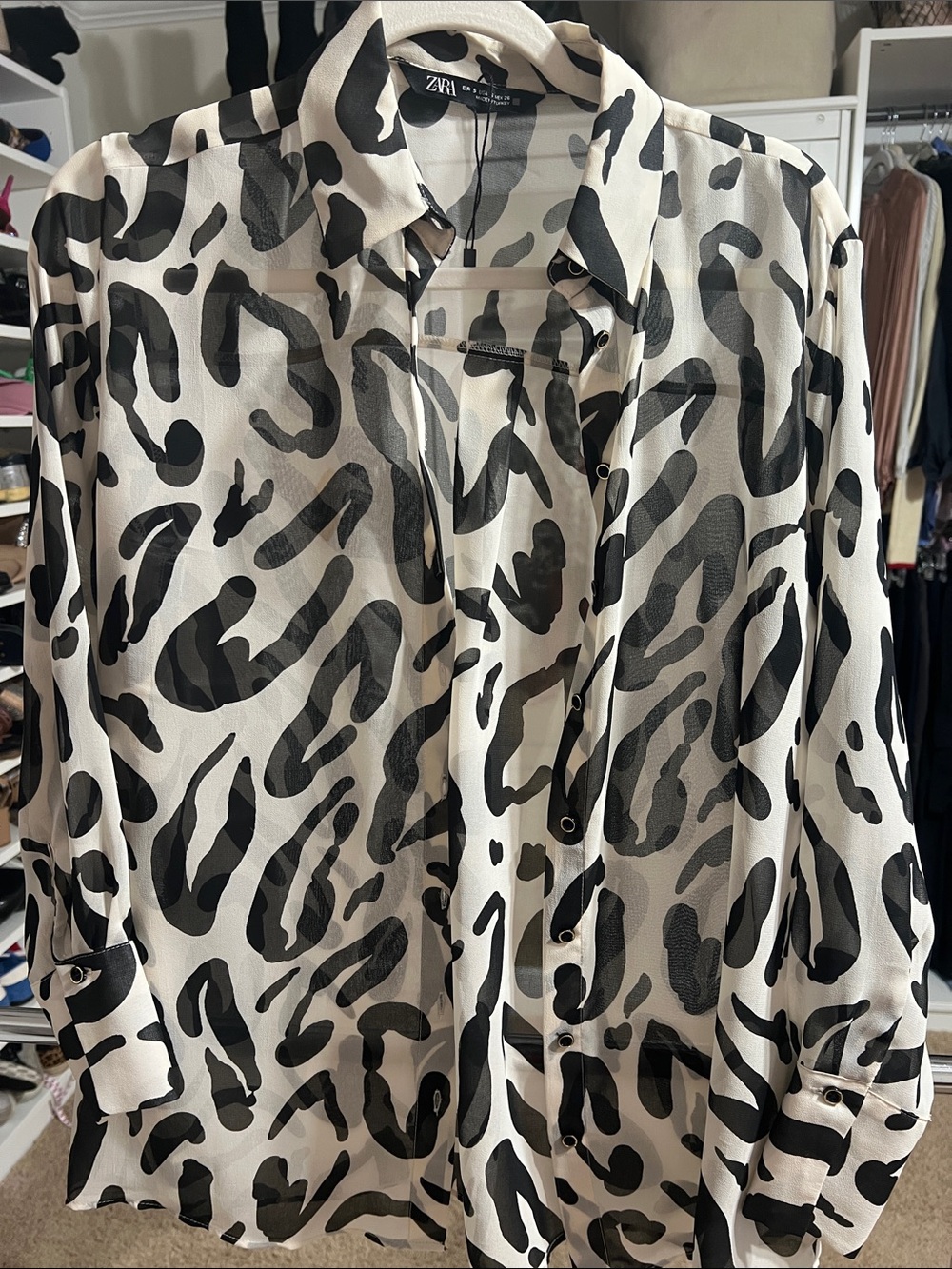 Zara Black and White Animal-Print Button Down Shirt